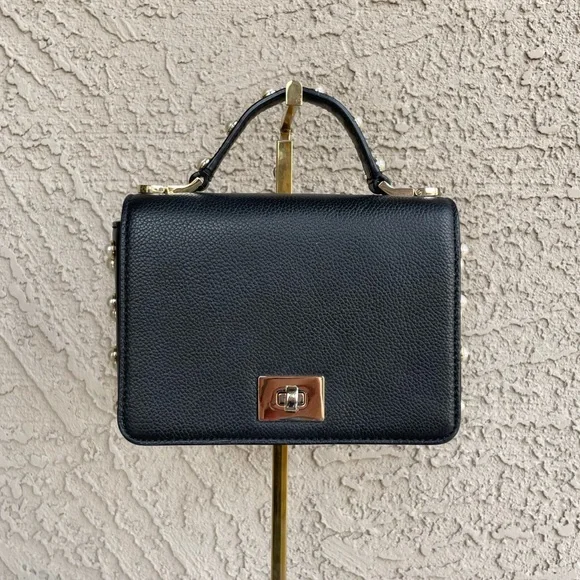 KATE SPADE Black Glitter Leather Serrano Place Pearl Mini Satchel Crossbody Bag